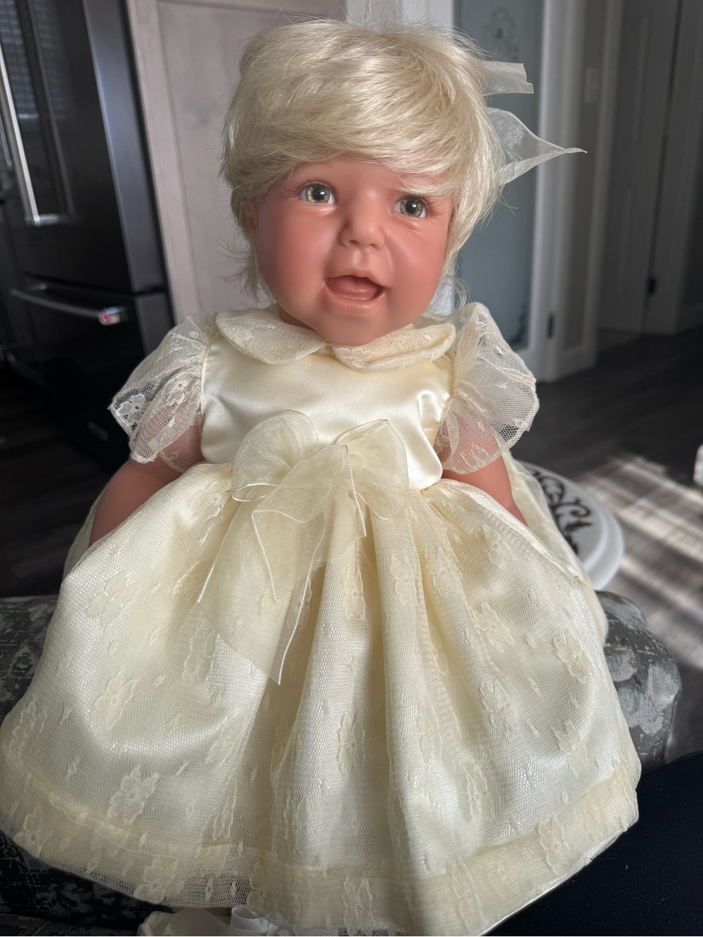 Cream Lace Infant Doll in Satin Dress